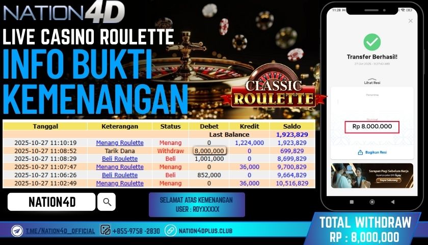 NATION4D -LIVE CASINO ROULETTE RP. 8.000.000 LUNAS!