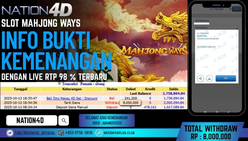 NATION4D -SLOT MAHJONG WAYS RP.8,000,000 LUNAS!