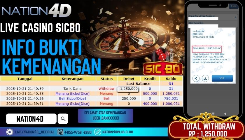 NATION4D -LIVE CASINO SICBO RP.1,250.000 LUNAS!
