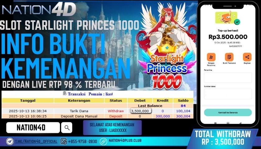 NATION4D -SLOT STARLIGHT PRINCES 1000 RP.3,500,000 LUNAS!