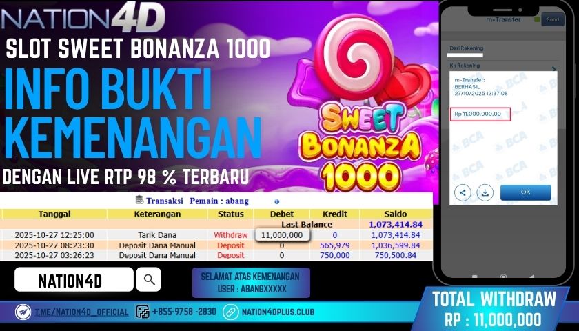 NATION4D -SLOT SWEET BONANZA 1000                                         RP. 11,000,000 LUNAS!
