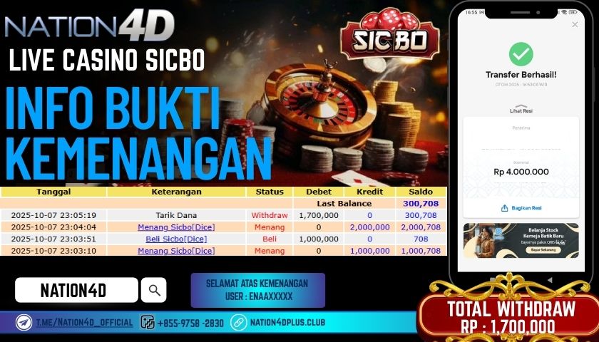 NATION4D -LIVE CASINO SICBO RP.1,700,000 LUNAS!