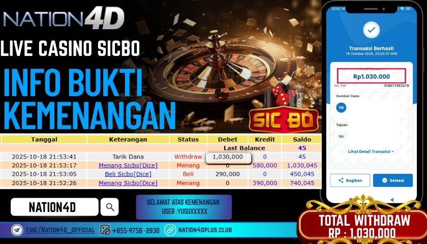 NATION4D -LIVE CASINO SICBO RP.1,030,000 LUNAS!