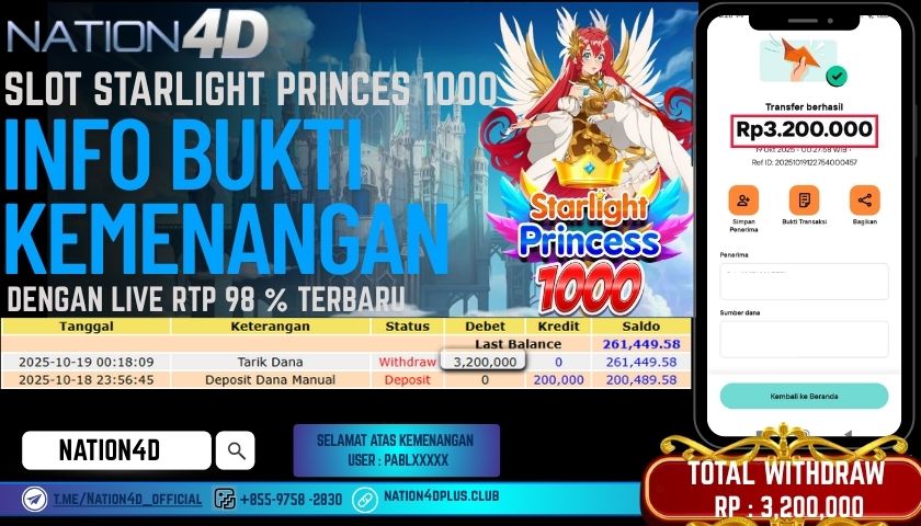 NATION4D -SLOT STARLIGHT PRINCESS 1000 RP.3,200,000 LUNAS!