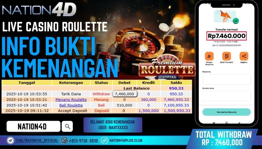 NATION4D -LIVE CASINO ROULETTE RP.7,460,000 LUNAS!