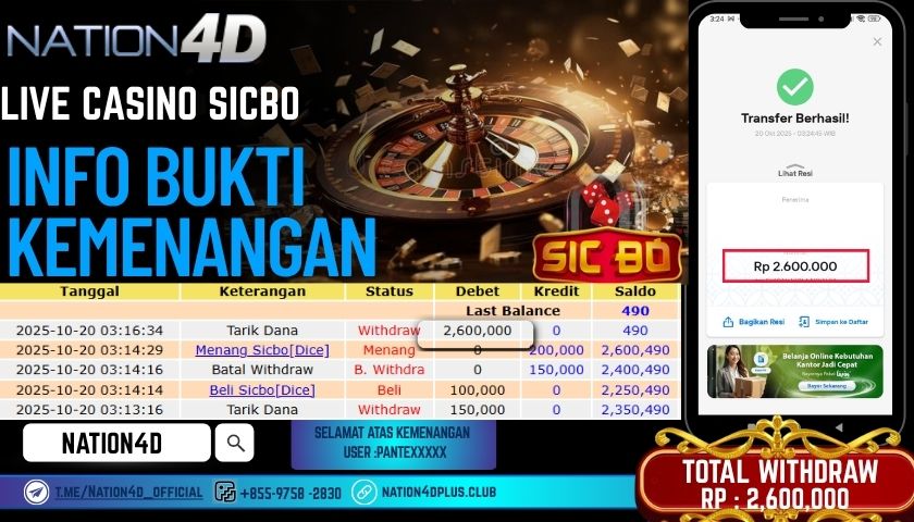 NATION4D -LIVE CASINO SICBO RP.2,600,000 LUNAS!