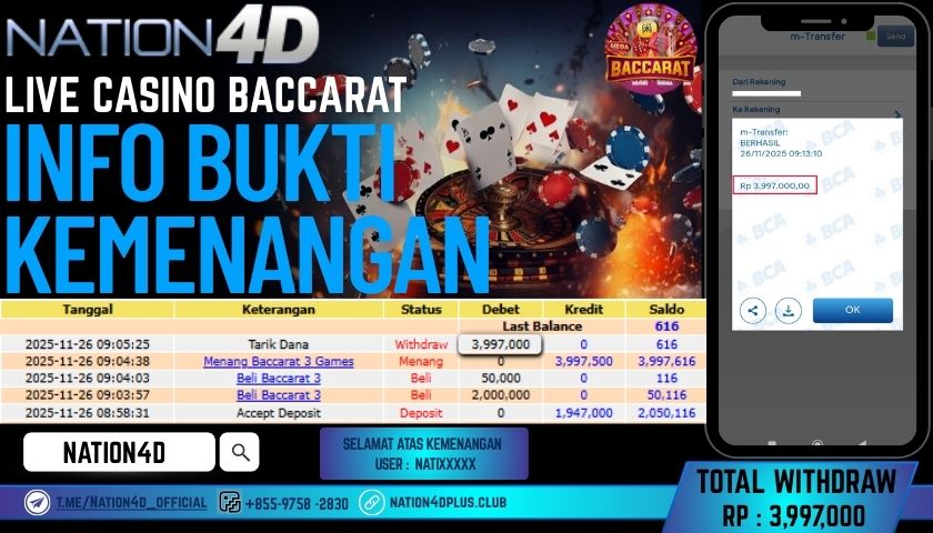NATION4D -LIVE CASINO BACCARAT RP.3,997,000 LUNAS!