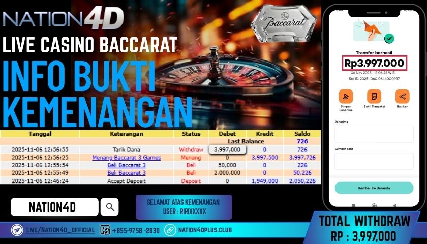 NATION4D -LIVE CASINO BACCARAT RP.3,997,000 LUNAS!