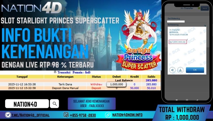 NATION4D -SLOT STARLIGHT PRINCESS SUPERSCATTER RP.1,000,000 LUNAS!