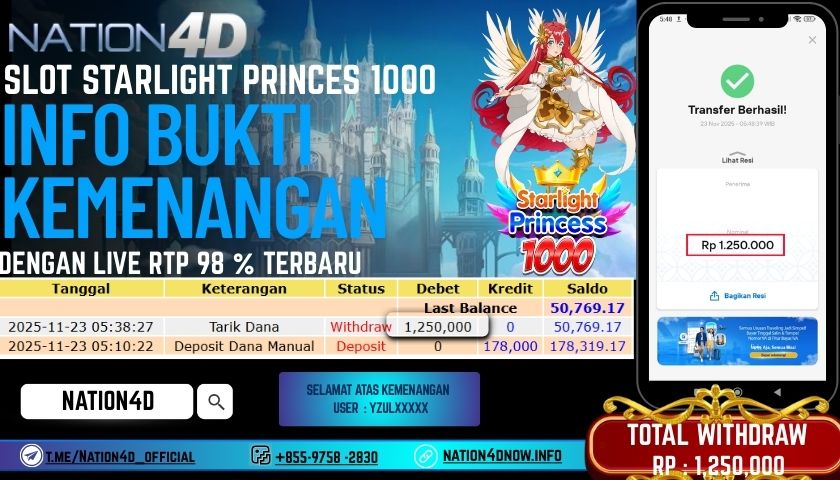 NATION4D -SLOT STARLIGHT PRINCESS 1000 RP.1,250,000 LUNAS!
