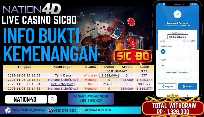 NATION4D -LIVE CASINO SICBO RP. 1,328,000 LUNAS!