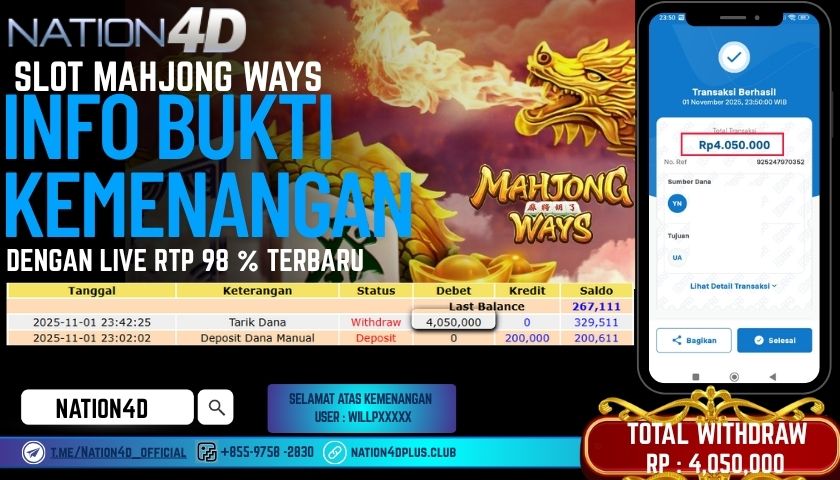 NATION4D -SLOT MAHJONG WAYS RP.4,050,000 LUNAS!