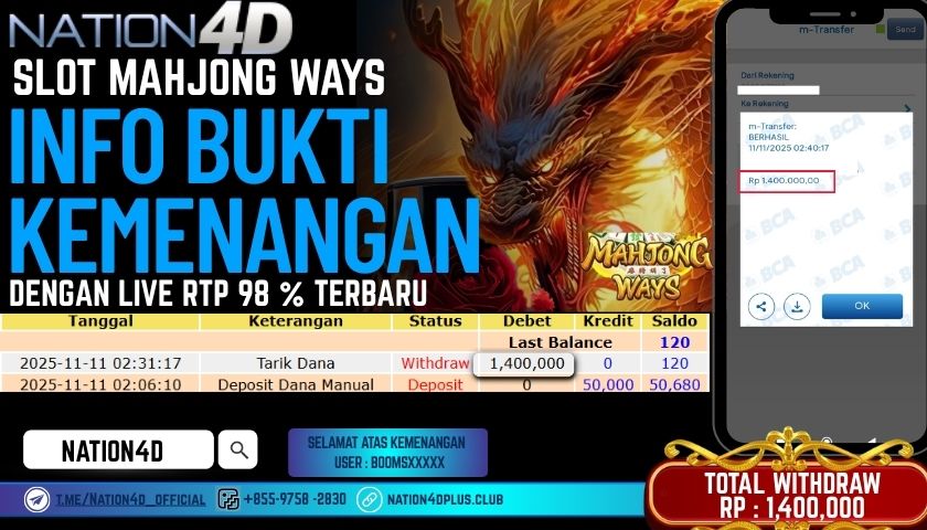 NATION4D -SLOT MAHJONG WAYS RP.1,400,000 LUNAS!