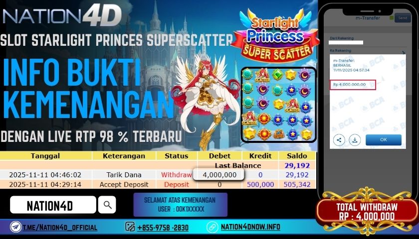 NATION4D -SLOT STARLIGHT PRINCESS SUPERSCATTER RP.4,000,000 LUNAS!