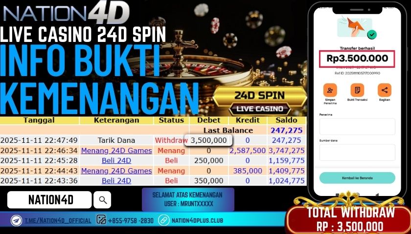 NATION4D -LIVE CASINO 24D SPIN RP.3,500,000 LUNAS!