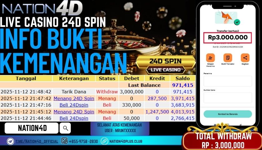 NATION4D -LIVE CASINO 24D SPIN RP.3,000,000 LUNAS