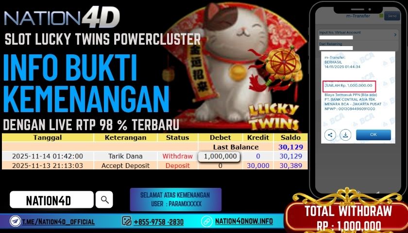 NATION4D -SLOT LUCKY TWINS POWERCLUSTER RP.1,000,000 LUNAS!