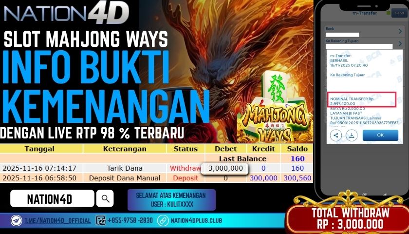 NATION4D -SLOT MAHJONG WAYS RP.3,000,000 LUNAS!