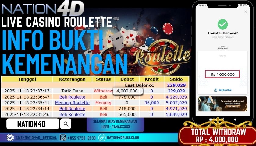 NATION4D -LIVE CASINON ROULETTE RP.4,000,000 LUNAS!