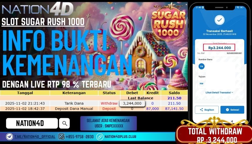 NATION4D -SLOT SUGAR RUSH 1000 RP.3,244,000 LUNAS!