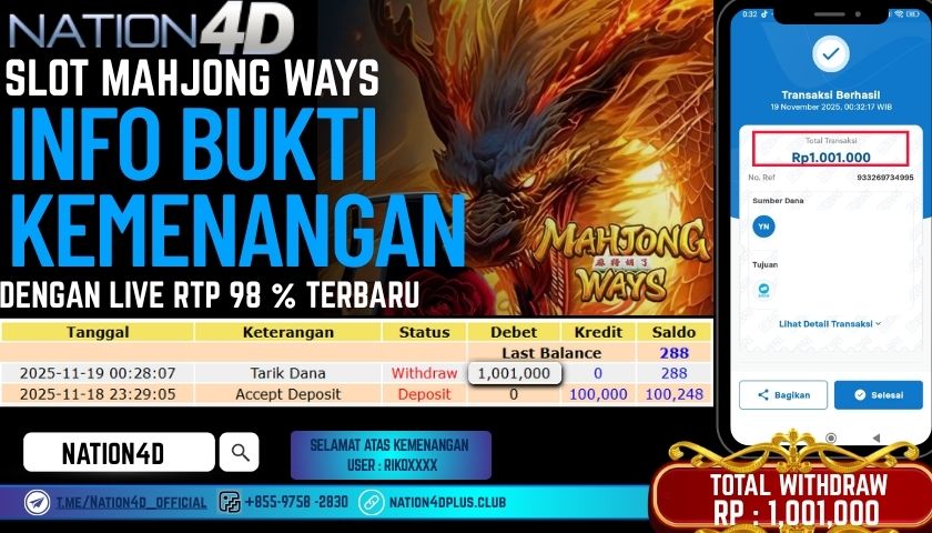 NATION4D -SLOT MAHJONG WAYS RP.1,001,000 LUNAS!