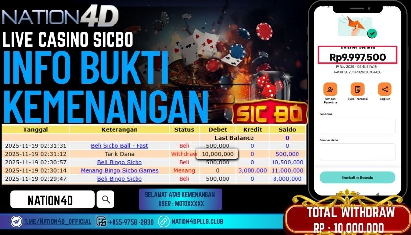 NATION4D -LIVE CASINO SICBO RP.10,000,000 LUNAS!