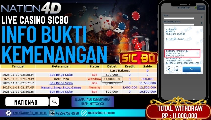 NATION4D -LIVE CASINO SICBO RP.11,000,000 LUNAS!