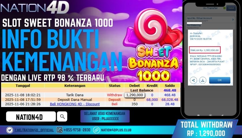 NATION4D -SLOT SWEET BONANZA 1000                            RP. 1,290,000 LUNAS!