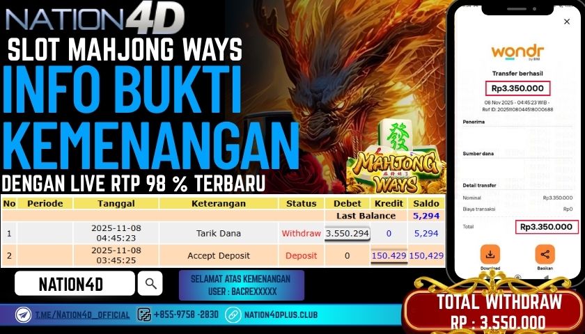 NATION4D -SLOT MAHJONG WAYS RP.3,550,000 LUNAS!