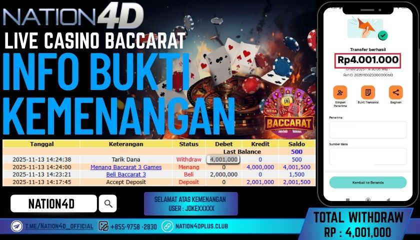 NATION4D -LIVE CASINO BACCARAT RP.4,001,000 LUNAS!