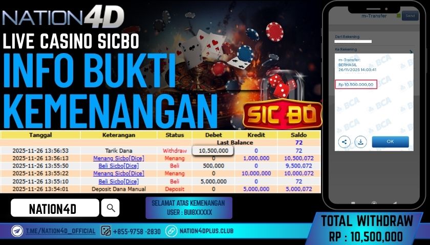 NATION4D -LIVE CASINO SICBO RP.10,500,000 LUNAS!