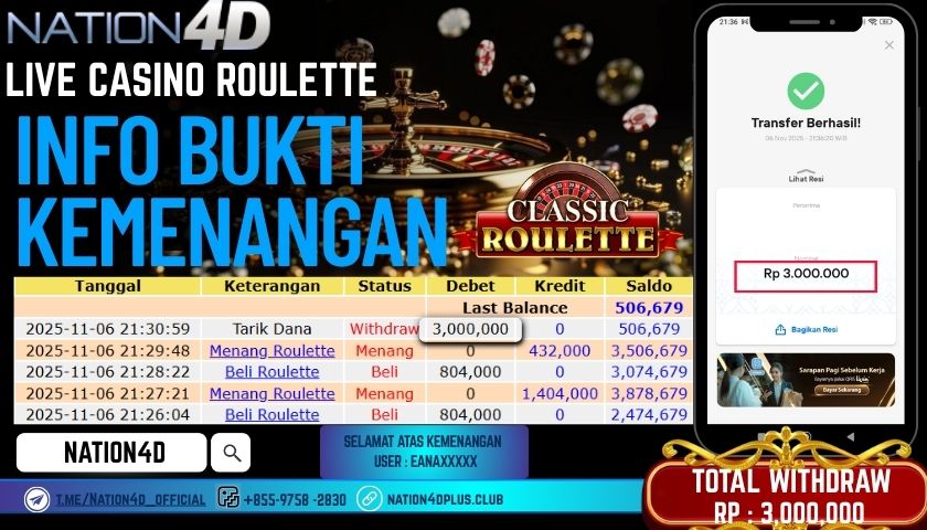NATION4D -LIVE CASINO ROULETTE RP.3,000,000 LUNAS!