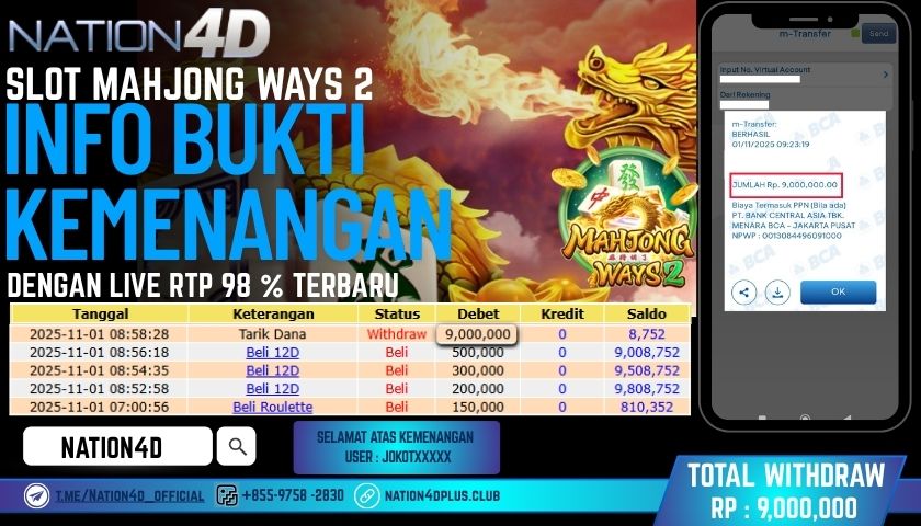 NATION4D -SLOT MAHJONG WAYS 2 RP.RP : 9,000,000 LUNAS!