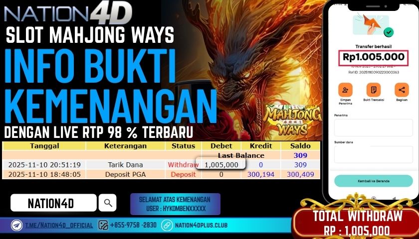 NATION4D -SLOT MAHJONG WAYS RP.1,005,000 LUNAS!