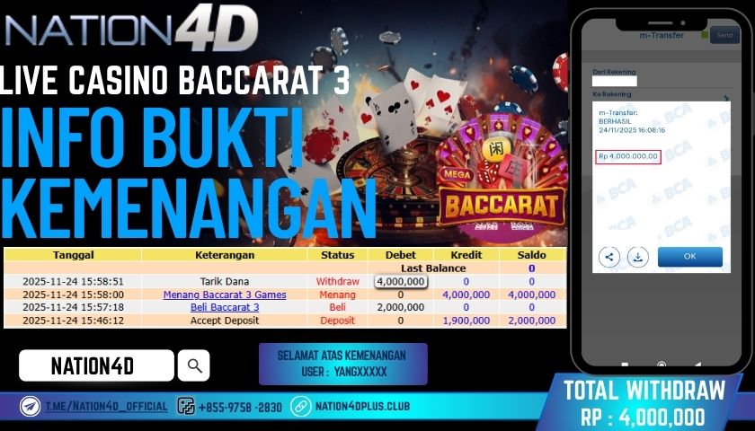 NATION4D -LIVE CASINO BACCARAT RP.4,000,000 LUNAS!