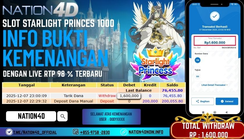 NATION4D -SLOT STARLIGHT PRINCESS 1000 RP.1.600.000 LUNAS!