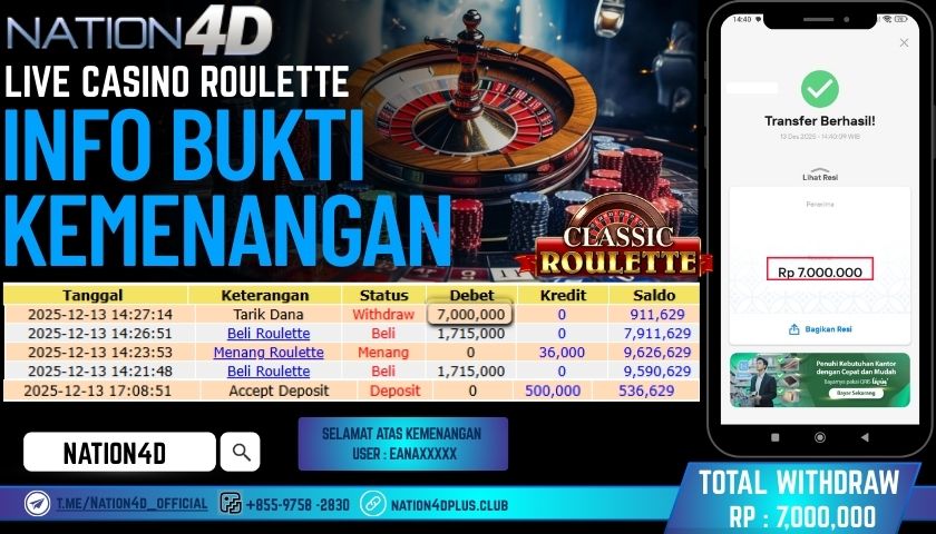 NATION4D -LIVE CASINO ROULETTE RP.7,000,000 LUNAS!